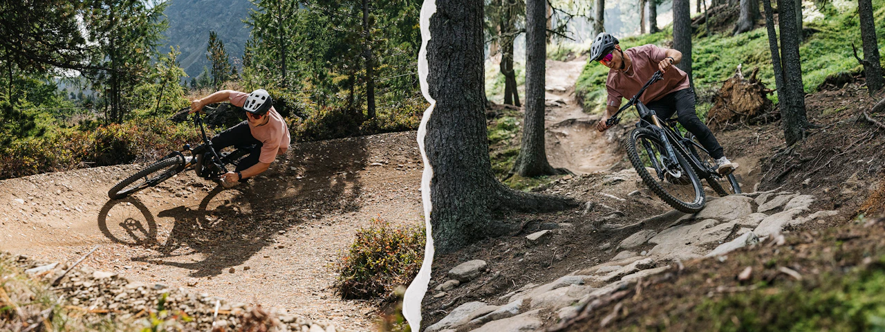In der Mitte gespaltenes Bild: Links ein Mountainbiker, der in eine Waldkurve fährt und rechts einer, der einen steilen, steinigen Waldweg hinunterfährt