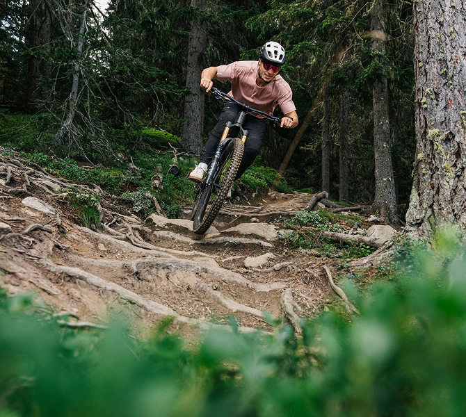 Mountainbiker fährt mit einem vollgefederten Rokua Bike über eine wurzelige Waldpassage.