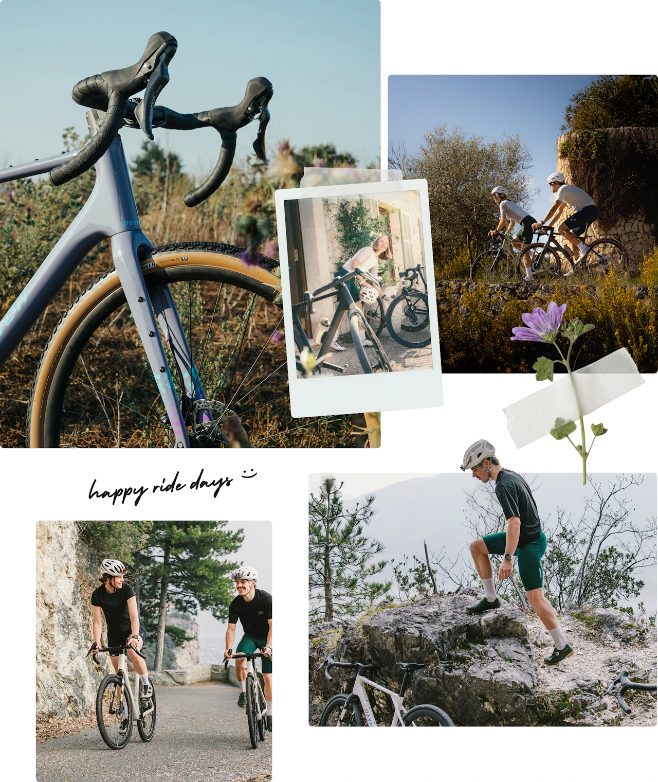 Scrapbook-Collage einer Gravel-Tour mit dem RAYMON SORENO, dazu der handschriftliche Schriftzug „happy ride days\".
