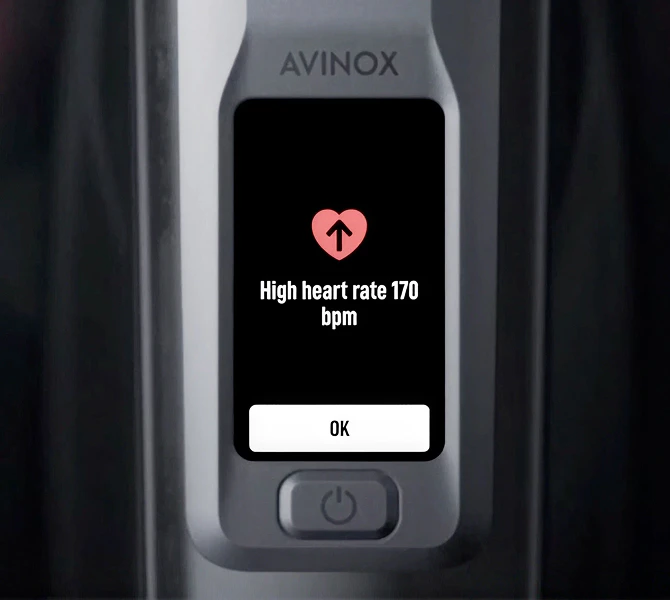 Display eines DJI Avinox E-Bike Drive Systems mit einer Herzfrequenz-Warnung von 170 bpm.