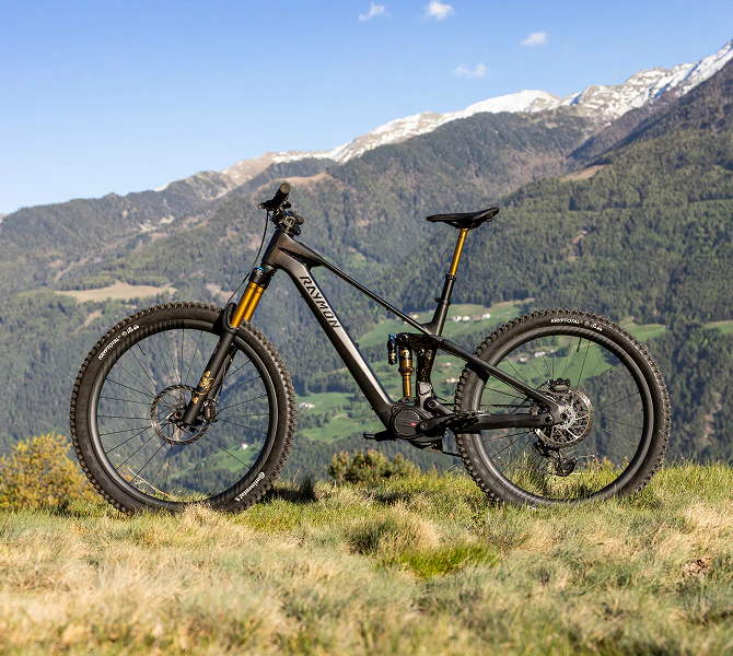 Schwarzes Raymon Tarok E-Mountainbike auf einer Bergwiese vor bewaldeten Hängen und Alpengipfeln.