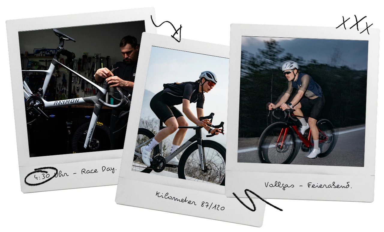 Drei Polaroids nebeneinander, das erste zeigt einen Rennfahrer, der ein Soreno in seiner Werkstatt anschaut, das zweite eine Frau in Sportkleidung auf einem Soreno am Tag und das dritte einen Mann in Sportkleidung auf einem Soreno im Dunkeln