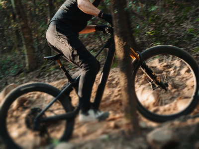 Mountainbiker fährt mit einem Raymon Tarok E-Bike rasant durch einen Wald.